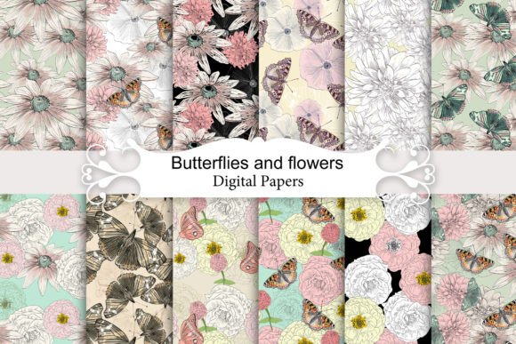 Floral Digital Papers with Butterflies